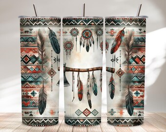 Boho Tribal Axe 20 oz Tumbler Wrap PNG Rustic Western Aztec Feather Design Sublimation Earth Tone 20oz Skinny Tumbler Wrap