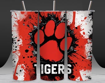 Red and Black Tigers Paw Print Tumbler Wrap | Grunge Distressed Sports Design 20oz | Bold High Resolution PNG for Sublimation