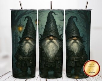 Goth Gnome 20 oz Tumbler Wrap PNG – Dark Fantasy Halloween Sublimation Design – Spooky Gothic Gnome Wrap for Cricut & Sublimation PNG