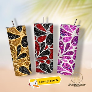 May include: Three stainless steel tumblers with lids and straws. The tumblers feature a floral design made of rhinestones in gold and black, red and black, and pink and white. The tumblers are a 5 design bundle.