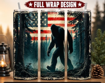 Bigfoot American Flag 20oz Tumbler Wrap PNG | Patriotic Sasquatch Skinny Tumbler Sublimation Design | Vintage Forest Digital Download