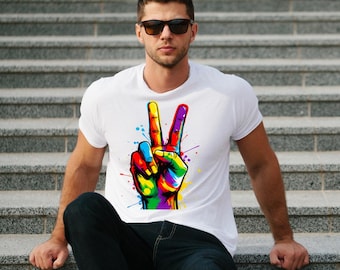 Colorful Peace Sign Hand PNG, Neon Graffiti Splatter Art, Hippie Boho Transparent art, Retro Pop Art Psychedelic Digital Design PNG Download