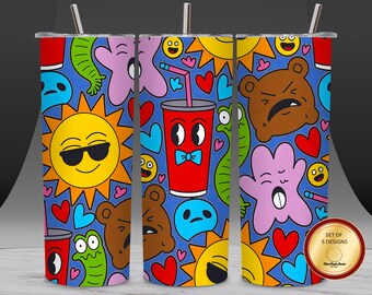 Diseño PNG para vaso con divertido dibujo animado, 20 oz, diseño de sublimación, estampado retro pop art, patrón colorido sin costuras, descarga digital PNG.