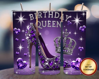 Birthday Queen Tumbler Wrap, High Heels Tumbler Wrap PNG, 20 oz Skinny Tumbler Sublimation, Birthday Tumbler Wrap, Crown, Birthday Gift PNG