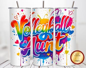 Volleyball Aunt 20 oz Tumbler Wrap PNG – Colorful Sports Sublimation Design for PNG – Rainbow Ink Splash Wrap for Game Day Gift PNG Download