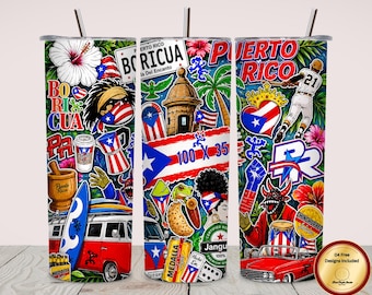 Island Sticker Collage 20oz Tumbler Wrap PNG, Tropical Caribbean Travel Doodle Sublimation, 20oz Skinny Tumbler Wrap Download