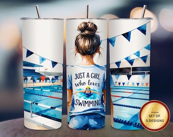 Envoltura para vaso "Just a Girl Who Loves Swimming", diseño delgado de 20 oz para natación, sublimación de natación, vaso deportivo, diseño PNG de natación, 300 DPI