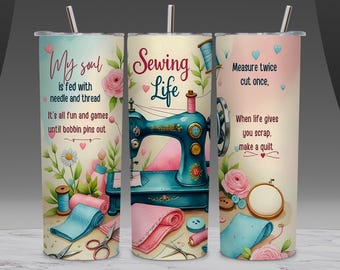 Sewing Life Inspirational Wrap PNG – Vintage Sewing Machine Floral Design – Quilter Seamstress Sublimation Art – Pastel Craft Quote PNG