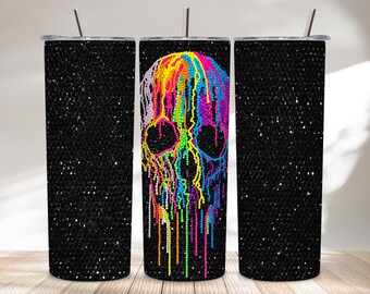 Diseño PNG de calavera con goteo de neón para vaso de 20 oz, estilo gótico colorido para sublimación.