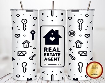 Realtor Tumbler Wrap PNG, Real Estate Agent 20oz Skinny Sublimation Design, House Key Heart Pattern, Realtor Gift Digital Download