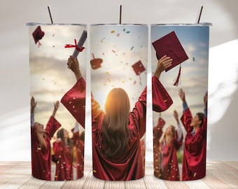 Diseño PNG de vaso térmico de 20 oz para celebración de graduación, puesta de sol roja, sublimación.