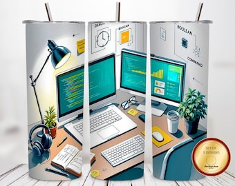 Programmer Desk 20oz Tumbler Wrap, Coding Laptop Design PNG, Developer Office Setup Sublimation, Geek Gift 300 DPI Digital File PNG Download