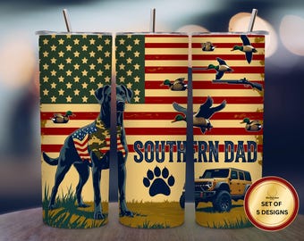 Southern Dad Hunting 20oz Tumbler Wrap PNG Sublimation | Rustic Camo Patriotic Dog Duck Design Skinny Tumbler Outdoor Gift