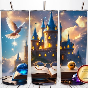 May include: A set of three stainless steel tumblers with a fantasy castle design. Each tumbler features a different scene with a castle, open book, dove, and other magical elements. The tumblers have a straw and a lid.