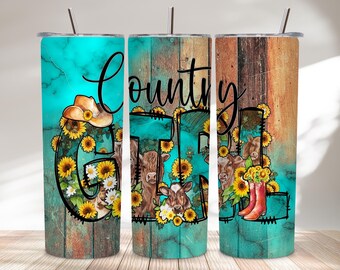 Country Girl 20oz Tumbler Wrap PNG | Western Cowgirl Sunflower Sublimation Design | Rustic Farm Skinny Tumbler