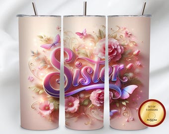 Diseño PNG de vaso térmico Sister Floral, mariposa rosa rosa de 20 oz, purpurina de copo de nieve, sublimación digital directa de 300 DPI, descarga digital PNG