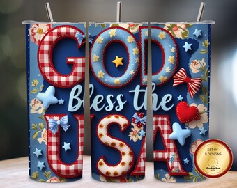 God Bless the USA 20oz Tumbler Wrap PNG Sublimation | Floral American Patriotic Design Skinny Tumbler High Resolution 300 DPI