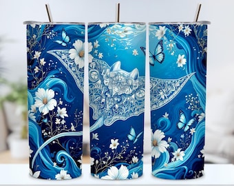 Pastel Floral Ocean Stingray 20oz Skinny Tumbler Wrap PNG, High Resolution 300 DPI Sublimation Design, Digital Instant Download PNG