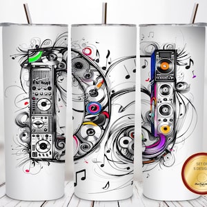 DJ Music 20 oz Tumbler Wrap Sublimation Design, Turntables, Vinyl, Speakers, Artistic Musician Gift, Vibrant Musical Notes, DJ Culture PNG