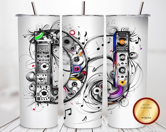 Diseño de sublimación para vaso de 20 oz con temática de música DJ, tocadiscos, vinilos, altavoces, regalo artístico para músicos, notas musicales vibrantes, cultura DJ PNG