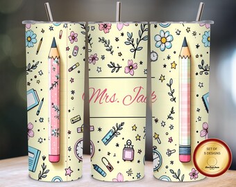 Personalized Teacher Pencil Floral Back to School Custom Name Ms Jack 20oz High Resolution 300 DPI Straight Skinny Design for Sublimation