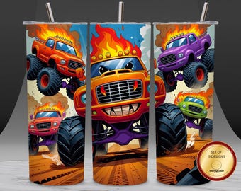 Flaming Monster Truck Tumbler Wrap PNG, 20oz Skinny Sublimation Design, Cartoon Fire , Off-Road Racing Digital Download