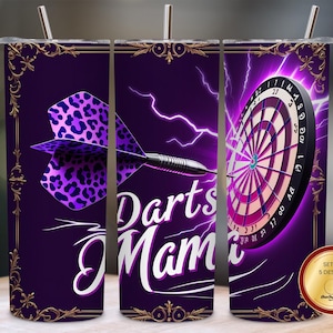 Darts Mama Tumbler Wrap PNG, 20oz Skinny Sublimation Design with Purple Leopard Dart and Neon Dartboard, 300 DPI Digital File PNG Download