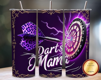 Envoltura para vaso Darts Mama PNG, diseño de sublimación delgado de 20 oz con dardo de leopardo morado y diana de neón, archivo digital PNG de 300 DPI.
