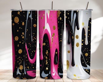 Luxury Pink Black White Gold Drip Tumbler Wrap | Elegant Seamless 20oz PNG Design | Glam Marble Glitter Sublimation Download