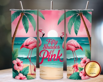 Vaso delgado Flamingo Beach de 20 oz, PNG, diseño de atardecer tropical, sublimación de alta resolución, vaso de playa tropical, flamenco rosado PNG