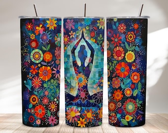 Yoga Woman 20oz Tumbler Wrap PNG | Mandala Floral Boho Sublimation Design | Spiritual Meditation Skinny Tumbler