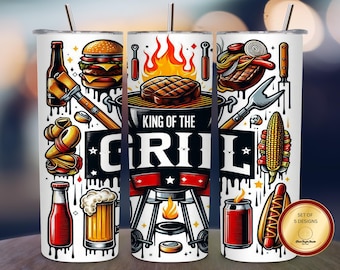 King of the Grill BBQ Beer Food Meat Burger Hotdog Corn 20 Oz Tumbler Wrap Sublimation Design Summer Cookout Barbecue Grilling Gift Dad PNG