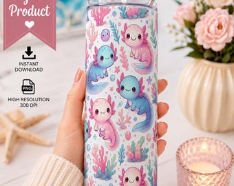 Motif axolotl mignon pour gobelet (PNG), design pastel marin pour gobelet fin de 590 ml, téléchargement numérique par sublimation kawaii, 300 DPI