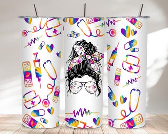 Custom Name Nurse Wrap PNG 20oz Skinny Sublimation Personalized Nurse Messy Bun Rainbow Medical Gift