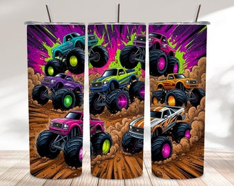 Colorful Monster Truck Tumbler Wrap PNG | Neon Off-Road Racing Trucks Sublimation Design | 20oz Skinny Wrap Digital Download