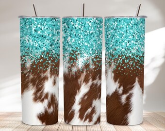 Diseño de estampado de vaca estilo western con purpurina turquesa para vaso de 20 oz (PNG) mediante sublimación (descarga digital).