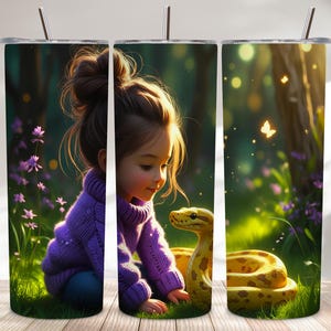 May include: A set of three stainless steel tumblers with a wraparound design featuring a girl in a purple sweater interacting with a yellow snake in a forest setting. The tumblers have a silver straw and a black lid.