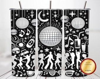 Diseño de envoltura para vaso de 20 oz con diseño de bola de discoteca y notas musicales, silueta divertida por sublimación, ambiente de discoteca, PNG en blanco y negro energético.