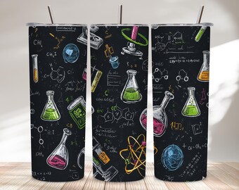 Diseño de envoltura PNG para sublimación con patrón de pizarra científica colorida para laboratorio.