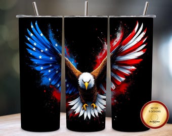 American Flag Eagle 20oz Tumbler Wrap PNG, America Bald Eagle Sublimation Design, 300 DPI Instant Download High Resolution Veterans Gift PNG