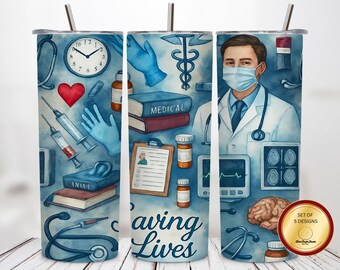 Diseño PNG de vaso térmico para médicos con la frase "Salvando vidas", estetoscopio médico, diseño hospitalario, sublimación de 20 oz, regalo para enfermeras, atención médica, descarga PNG de 300 DPI