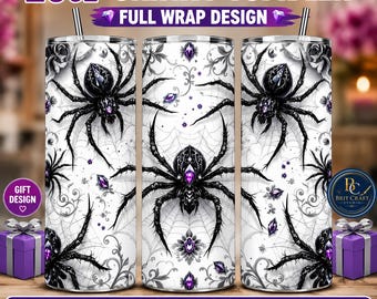 Purple Gem Spider Web Halloween Tumbler Wrap | 20oz Gothic Sublimation PNG | Luxury Spider Design | Dark Glam Digital Download Art PNG
