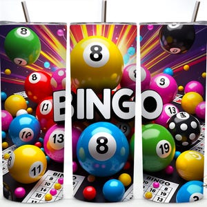 Bingo Game Night Tumbler Wrap PNG | 20 oz Colorful Bingo Balls & Cards Design | High Energy 300 DPI Sublimation Digital PNG Download