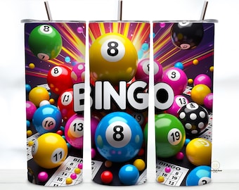 Bingo Game Night Tumbler Wrap PNG | 20 oz Colorful Bingo Balls & Cards Design | High Energy 300 DPI Sublimation Digital PNG Download
