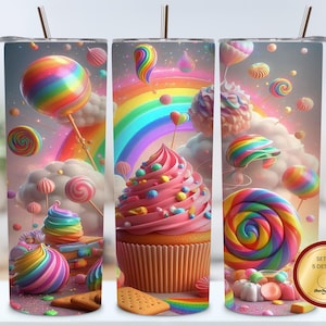 Rainbow Candyland Cupcake Tumbler Wrap | 20oz Sublimation Design | Colorful Dessert Fantasy PNG | 300 DPI Digital Download PNG