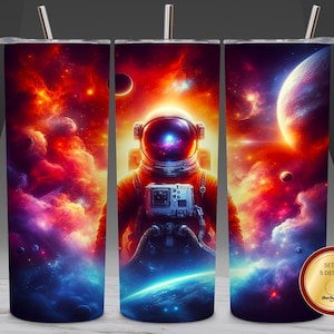 Astronaut Galaxy 20oz Tumbler Wrap PNG – High Resolution Sci-Fi Space Sublimation Design with Planets and Cosmic Stars Digital PNG Download