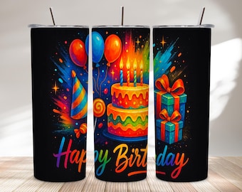 Envoltorio para vaso de feliz cumpleaños / Pastel colorido PNG (Descarga digital)