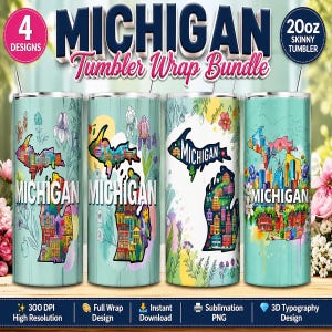 Kaart Michigan State 20oz magere Tumbler PNG-bundel | Sublimatieontwerp met bloemenstadsgezicht, reiscadeau Great Lakes, volledige digitale download