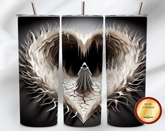 Figura de mago místico encapuchado en una caverna de corazón de fantasía oscura / Diseño PNG para vaso de 20 oz / Descarga de diseño artístico gótico en alta resolución de 300 DPI