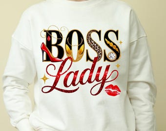 Boss Lady PNG | Leopard Print High Heel Design | Glam Feminine Quote Art | Sparkly Gold Red Glitter Digital Download 300 DPI PNG